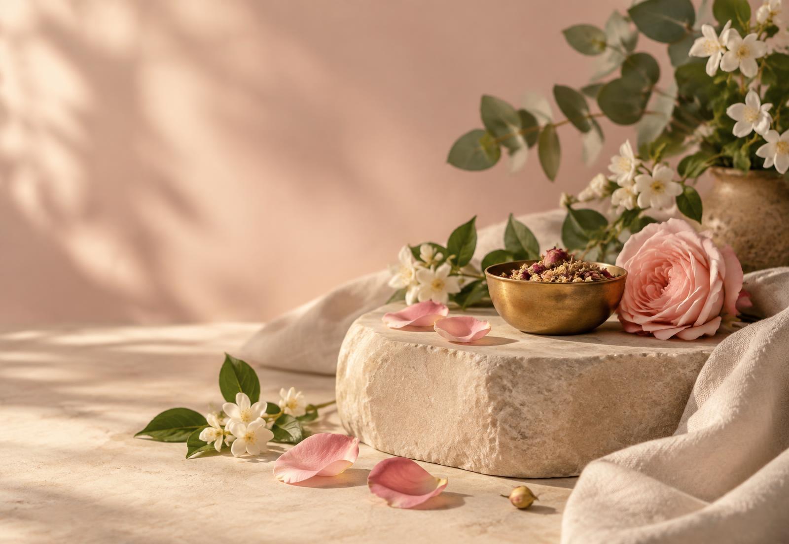 Rose petals, jasmine and dried herbs in a brass bowl on a stone pedestal